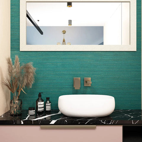 Teal Green Grasscloth Peel And Stick Wallpaper Roll 15.8x240 Inches Self Adhesive Removable Durable Thick Vinyl in bathroom setting