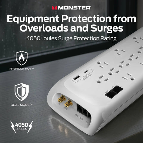 Beefed-Up Heavy Duty Surge Protector Power Strip With 4050 Joules, 10 Outlets, 2 USB Ports, coax and Ethernet ports.