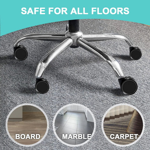 Replacement office chair wheels, 5 black casters on chrome base; suitable for hardwood, tile, and carpet floors.
