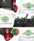 Upgrade Push Lawn Spreader for Compost and Peat Moss, showing adjustable flow rate, rotating blades, and dust protection features
