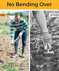 Gardener using Heavy Duty Forged Eye Hoe Fork For Garden With Four Tines High Carbon Steel Spading Tool for weeding.