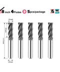 Front view of five 1/8 in carbide end mills, 4-flute, square nose, AlTiBN coated, 5-pack