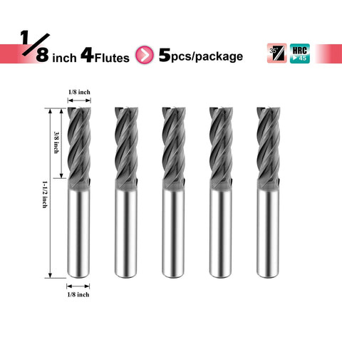 Front view of five 1/8 in carbide end mills, 4-flute, square nose, AlTiBN coated, 5-pack
