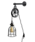 Industrial Pulley Wall Sconce Kit With Wire Cage Shade And Pipe Bracket Plug In 10 Inch Cord On Off Switch And Edison LED Bulb Included Black Pendant Light For Living Room Bar Kitchen