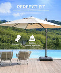 Cantilever Umbrella Base Rolling Stand With Refillable HDPE Weight Reservoirs by a pool with lounge chairs and mountains