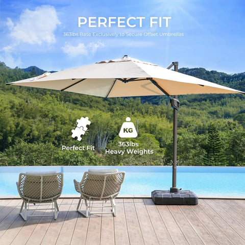 Cantilever Umbrella Base Rolling Stand With Refillable HDPE Weight Reservoirs by a pool with lounge chairs and mountains