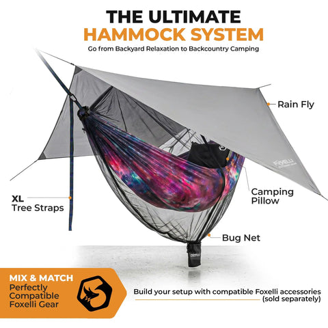 Ultralight Two-Person Camping Hammock For Backpacking And Festivals with rain fly, tree straps, bug net, and pillow