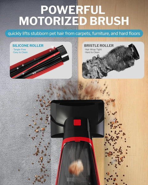 Pet Hair Handheld Vacuum Cordless With Rechargeable Battery Motorized Brush And Reusable Filters showing motorized brush cleaning carpet