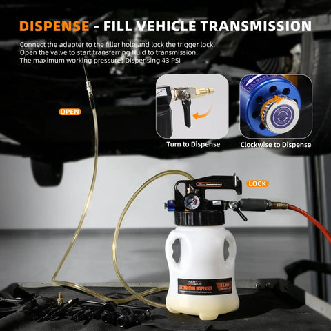 Four Uncles 3L Pneumatic Transmission Fluid Pump With ATF Adapters for easy fluid transfer in vehicle maintenance.