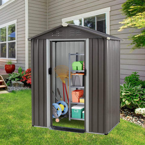 Outdoor Metal Tool Shed 5x3x6 Ft With Lockable Door And Side Window Waterproof Steel Garden Storage Shed in backyard with tools inside