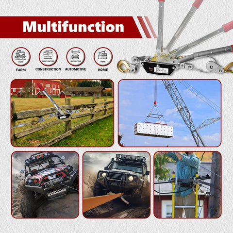 Collage showcasing 2 Ton Come Along Winch With 12 Ft Steel Cable And Dual Gear System used for farm, construction, and vehicle recovery