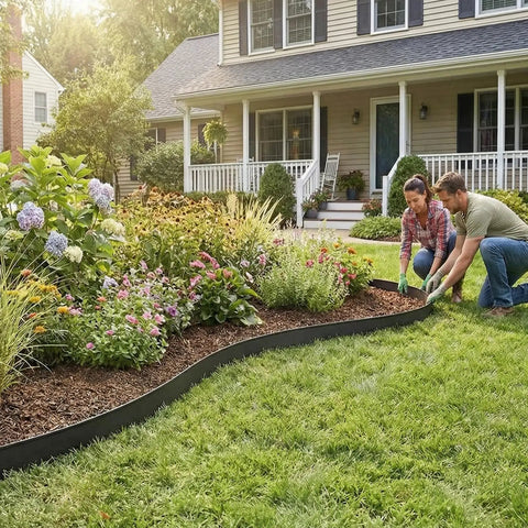 Couple installing 39Ft Flexible Landscape Edging Kit With 40 Heavy Duty 8 Inch Stakes 1.5 Inch High No Dig Garden Border