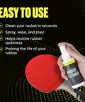 Table Tennis Rubber Cleaning Kit With 200ml Rubber Cleaner And Sponge Included For Ping Pong Paddles Eliminate Dirt And Dust Boost Spin Enhance Control And Preserve Rubber For Long Lasting Play. hand holding 200ml rubber cleaner beside ping pong paddle