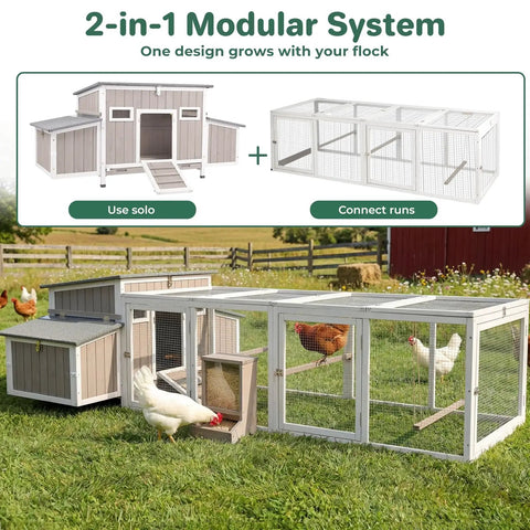 2-in-1 modular system of Ultimate 62 Inch Chicken Coop For 2 To 4 Chickens with nesting boxes in outdoor setting