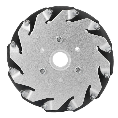 Front view of a 127mm Omni Directional Wheel Set For DIY Robot Car With 45KG Load Capacity, 12 Rubber Rollers, aluminum alloy