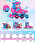 Five Size Adjustable Inline Skates For Kids That Grow With Them Easy To Wear For Beginners Indoor And Outdoor Use Ideal For Girls And Boys Pink With Lightweight Build And Simple Locking Buckles, size chart and adjustment guide, colorful design.