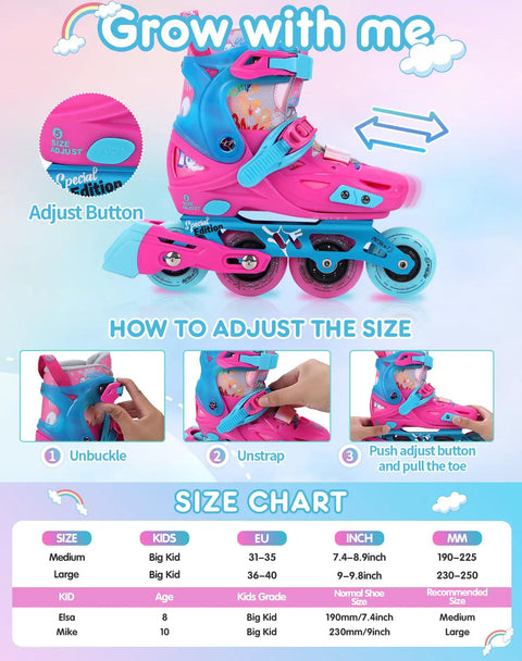 Five Size Adjustable Inline Skates For Kids That Grow With Them Easy To Wear For Beginners Indoor And Outdoor Use Ideal For Girls And Boys Pink With Lightweight Build And Simple Locking Buckles, size chart and adjustment guide, colorful design.