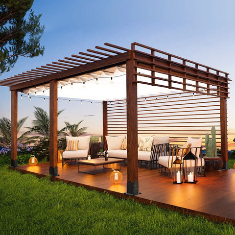 Outdoor pergola with lights and seating supported by Beefy 4x4 Post Anchor Base With 3.6 X 3.6 Inch Inner Size, Heavy Duty Post Brackets.