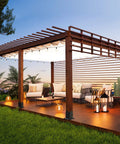 Outdoor pergola with Beefy 4x4 Post Base Brackets Set Four Pieces, heavy duty steel frame, supporting wooden structure on deck