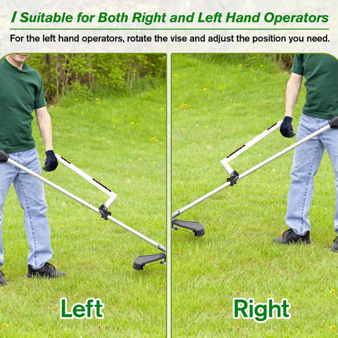 Upgraded Weedeater Handle With Ergonomic Trimmer Grip Extension for both right and left hand use, shown in lawn setting.