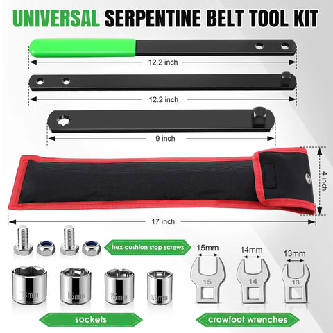 Universal Serpentine Belt Tool Kit With Bag For Easy Belt Removal And Tensioner Relief Includes Three Eighths Inch Drive Belt