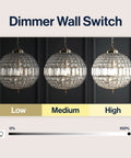 Antique Brass Crystal LED Pendant Light With Clear Glam Globe Shade shown at low, medium, high dimmer settings