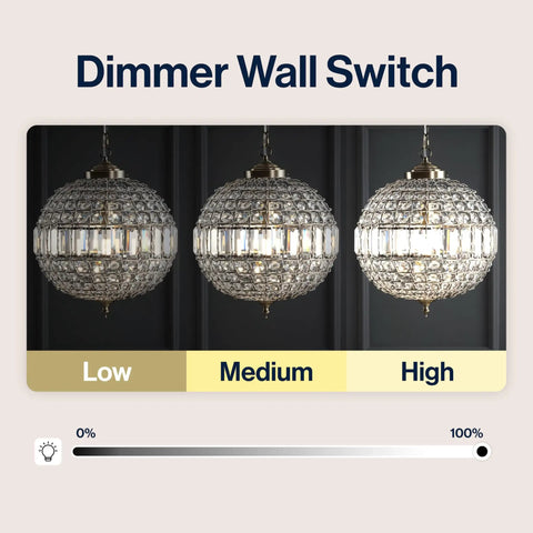 Antique Brass Crystal LED Pendant Light With Clear Glam Globe Shade shown at low, medium, high dimmer settings