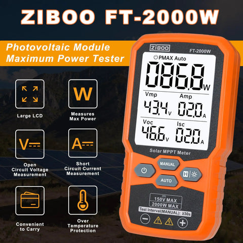 ZIBOO FT-2000W photovoltaic module tester showing max power, voltage, and current, perfect for rooftop solar panel testing.
