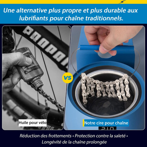 Chain Waxing Kit With Digital Melter, Hanging Stand, And 500G Wax For Mess Free, Low Friction Drivetrains, Precise Temperature Control, Quiet And Clean Gear For Smooth Shifts. French comparison graphic of bike oil vs chain wax