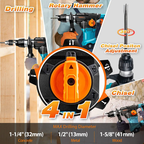 Built Tough 1-1/4 Inch SDS Plus Rotary Hammer Drill, 1500W Power, 6 Variable Speeds, showing use for drilling and chiseling.