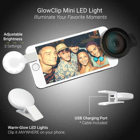 Universal Smartphone Lens Kit With Wide Angle And Fifteen Times Macro Lenses LED Light Clip showcased with phone and accessories
