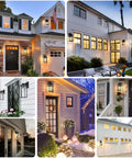 Durable Black Exterior Wall Lanterns With Hella Weatherproof Build For Backyards And Patios illuminating homes at dusk.
