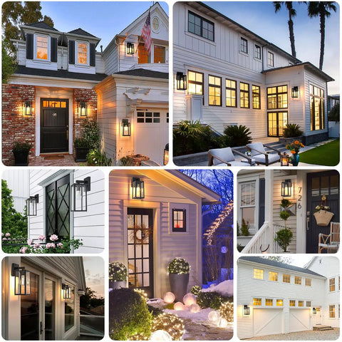 Durable Black Exterior Wall Lanterns With Hella Weatherproof Build For Backyards And Patios illuminating homes at dusk.