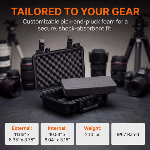 Rugged IP67 Waterproof Dry Box To Keep Your Cameras And Action Gear Toast From Water Hits Featuring Adjustable Foam Pad Inserts with open lid.