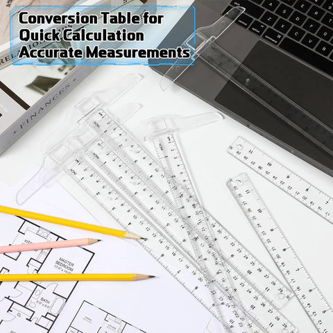 12 Inch T Square Ruler Transparent Plastic for Drafting and Layout Work with Inches and Metric Calibrations, Pro Grade Clear T Square Ruler for Precise Lines and Columns in Architecture and Engineering, alongside pencils, paper plans, and rulers.