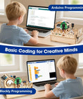 Child using IoT Smart Home Hands-On Coding Kit For Arduino Fans, Voice And App Control with puzzles and sensors for STEM learning