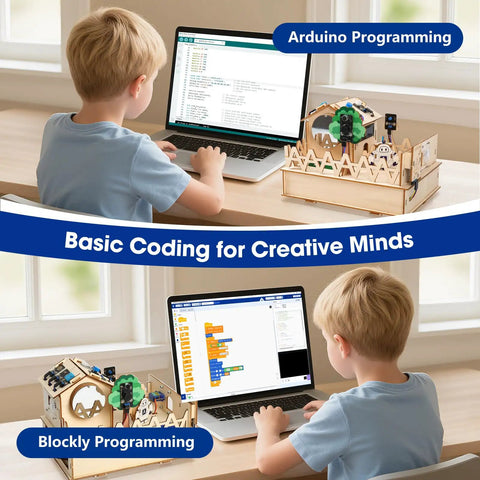 Child using IoT Smart Home Hands-On Coding Kit For Arduino Fans, Voice And App Control with puzzles and sensors for STEM learning