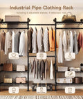 Industrial Pipe Wall Mounted Garment Rack With Walk In Closet System, Four Expandable Rods And Six Adjustable Shelves