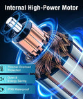 Internal motor of 1 Hp Automatic Pool Cover Pump With 4500 GPH Submersible Water Pump in blue and silver with labeled features.
