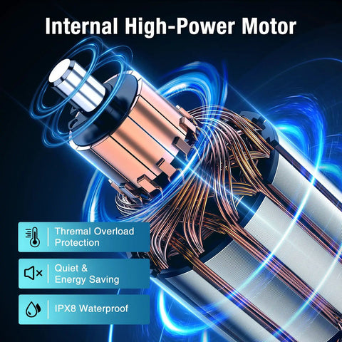 Internal motor of 1 Hp Automatic Pool Cover Pump With 4500 GPH Submersible Water Pump in blue and silver with labeled features.