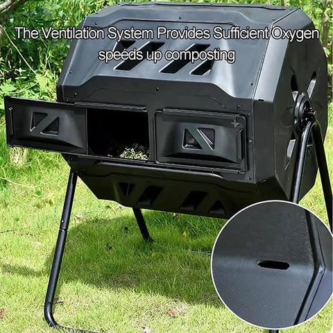 Dual Chamber 160L Compost Bin With 360 Degree Tumbling Rotating Composter for garden use, black, with ventilation system visible.