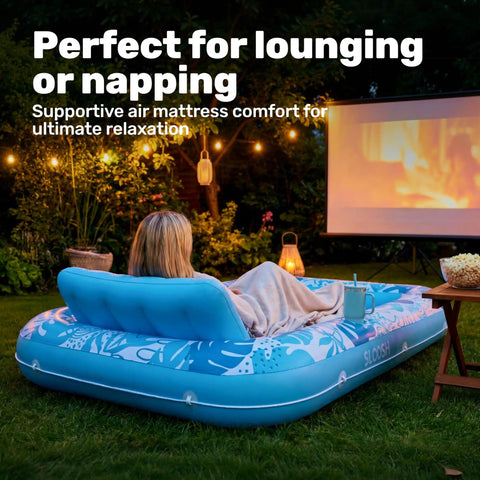 Inflatable Tanning Pool Lounger Float 70 Inch By 46 Inch With Pillow Perfect For Adults in backyard setting with firepit.
