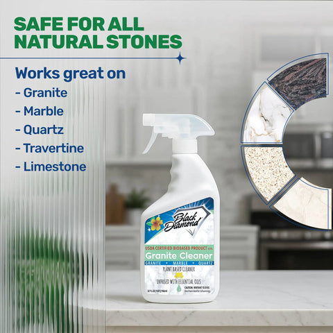 Biobased Granite Countertop Cleaner For Food Prep Areas bottle with natural stones infographic, USDA Certified Plant-Powered Formula.