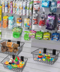 Slatwall Storage Baskets 2 Pack Matte Black Metal Wire Organizer Bins For Wall Panels 11.75 In Wide By 7.875 In Deep By 4 In High Tool Free Mounting Scratch Resistant Finish Durable Slatwall Organizer filled with toys on a slatwall panel.