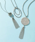Six Piece Long Pendant Necklace Set For Women With Tassel, Knot, Disk And Circle Designs In Gold Tone, Statement Layering Jewelry