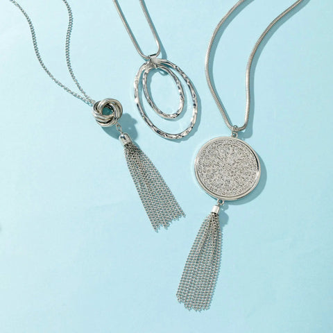 Six Piece Long Pendant Necklace Set For Women With Tassel, Knot, Disk And Circle Designs In Gold Tone, Statement Layering Jewelry