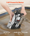 1 HP Submersible Sump Pump With 5500 GPH Flow Stainless Steel Build Automatic Float Switch Long Cord 30 Ft Lift Heavy Duty Drain
