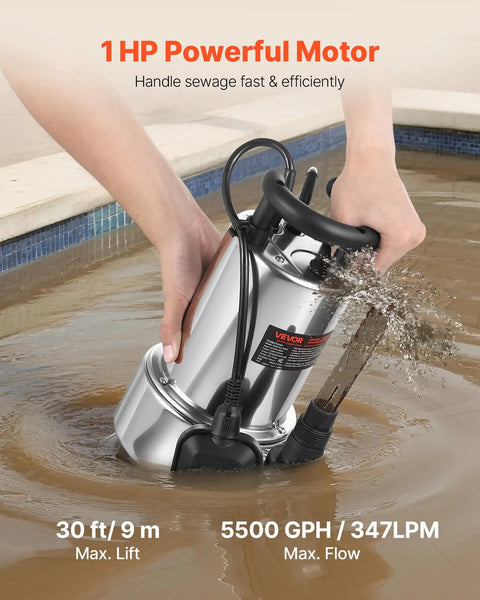 1 HP Submersible Sump Pump With 5500 GPH Flow Stainless Steel Build Automatic Float Switch Long Cord 30 Ft Lift Heavy Duty Drain