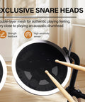 Exclusive snare head with drumsticks on Kickin Electronic Drum Set With Amp For Beginners, Quiet Mesh Pads And Cymbals, USB MIDI
