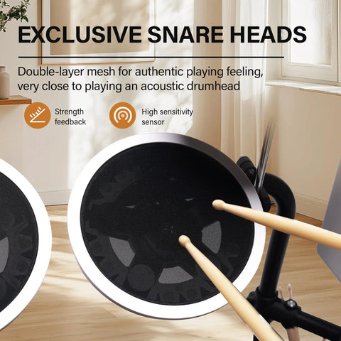 Exclusive snare head with drumsticks on Kickin Electronic Drum Set With Amp For Beginners, Quiet Mesh Pads And Cymbals, USB MIDI